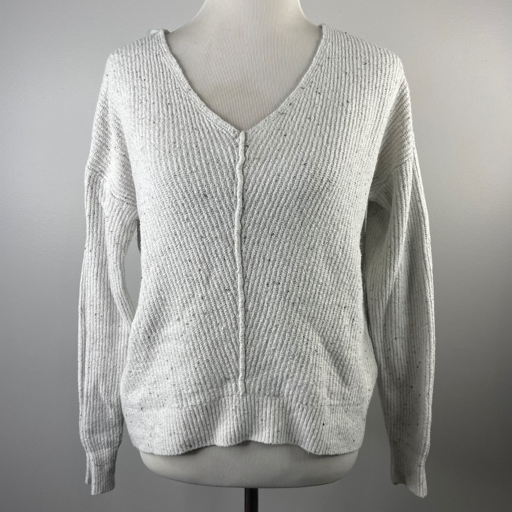 Ruby Moon Womens Large Grey Speckled Ribbed‎ V-Neck Sweater Cotton Blend